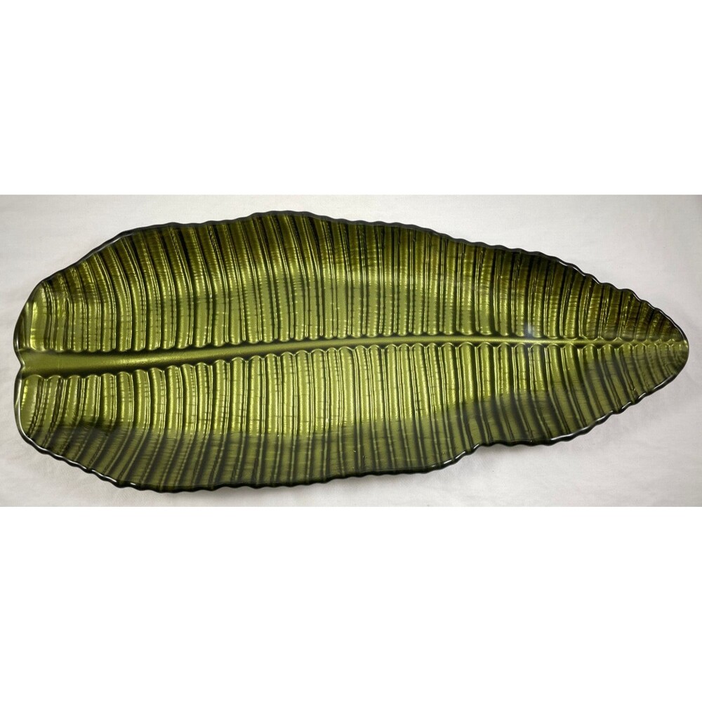 PartyLite Banana Leaf Pillar Tray Glass Green Decorative Platter 18.25x 7.75"
